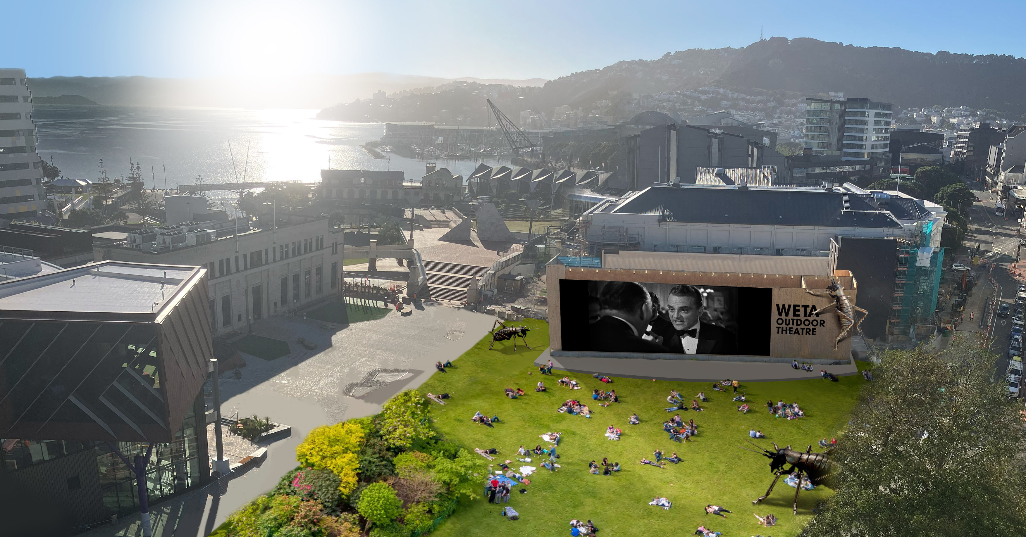 Concept image showing a green civic square with an outdoor theatre screen