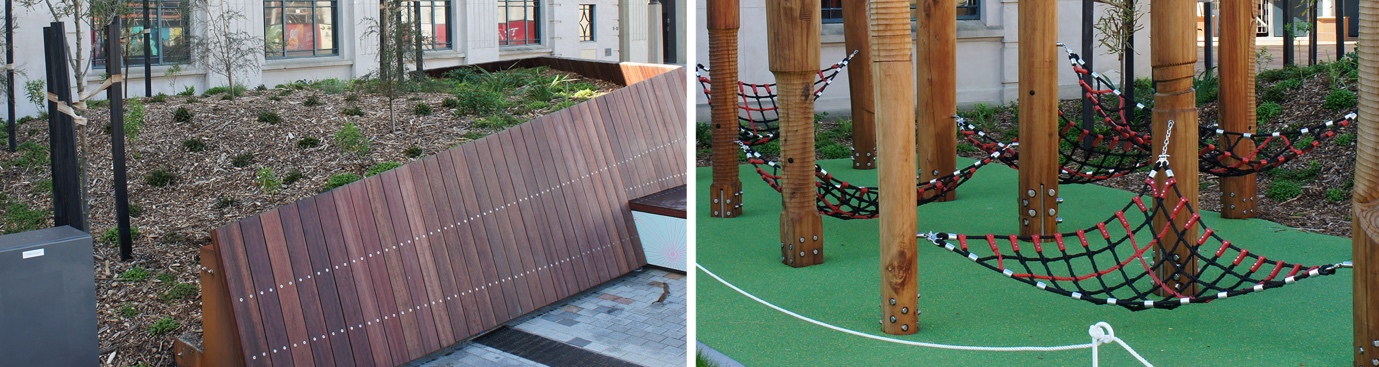 Close-up of the current Civic Square design showing bench and play area details