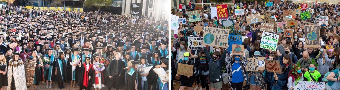 Examples of Civic Square used as a gathering space for graduations and public protest
