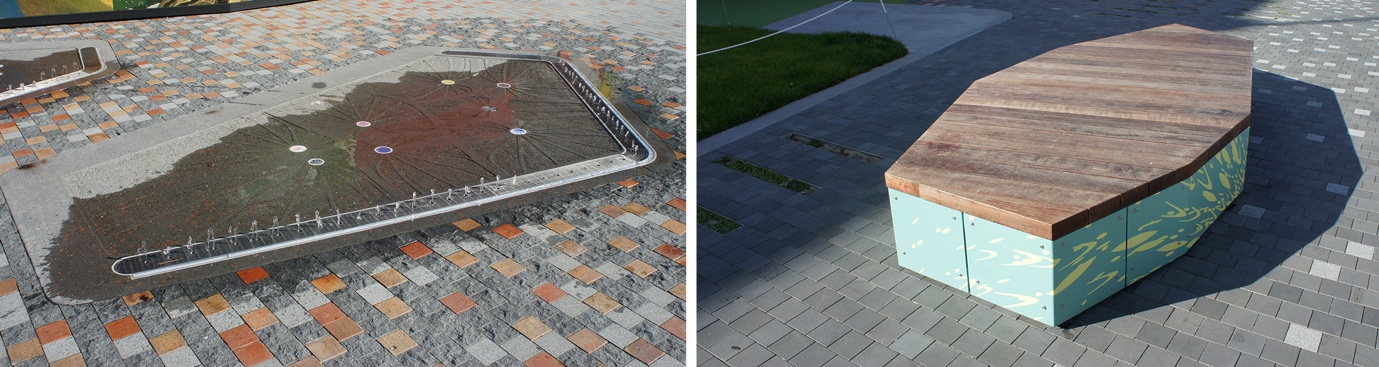 Close-up of the current Civic Square design showing the water feature and seating details