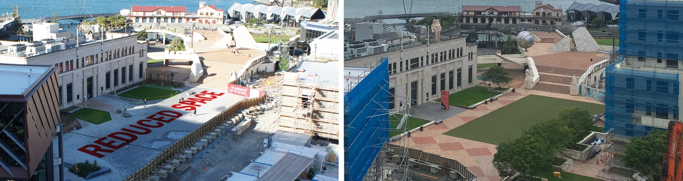 Comparison image showing reduced open space in the redesigned Civic Square