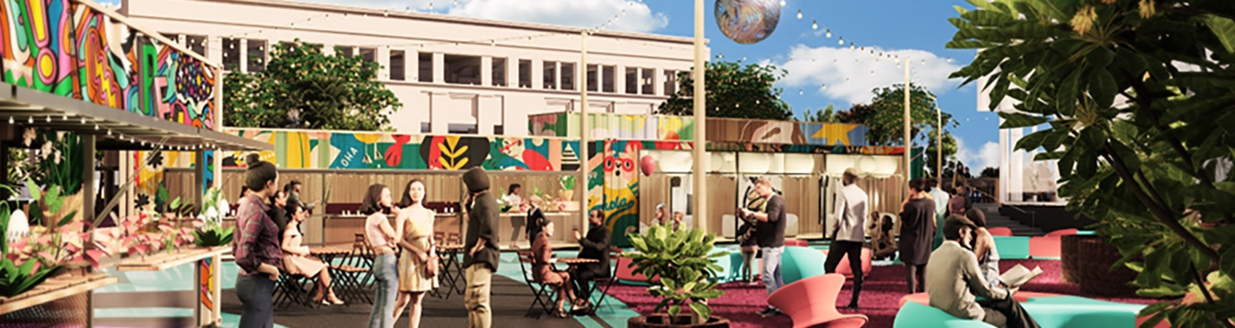 Daytime concept rendering of the temporary food-court proposal in Civic Square