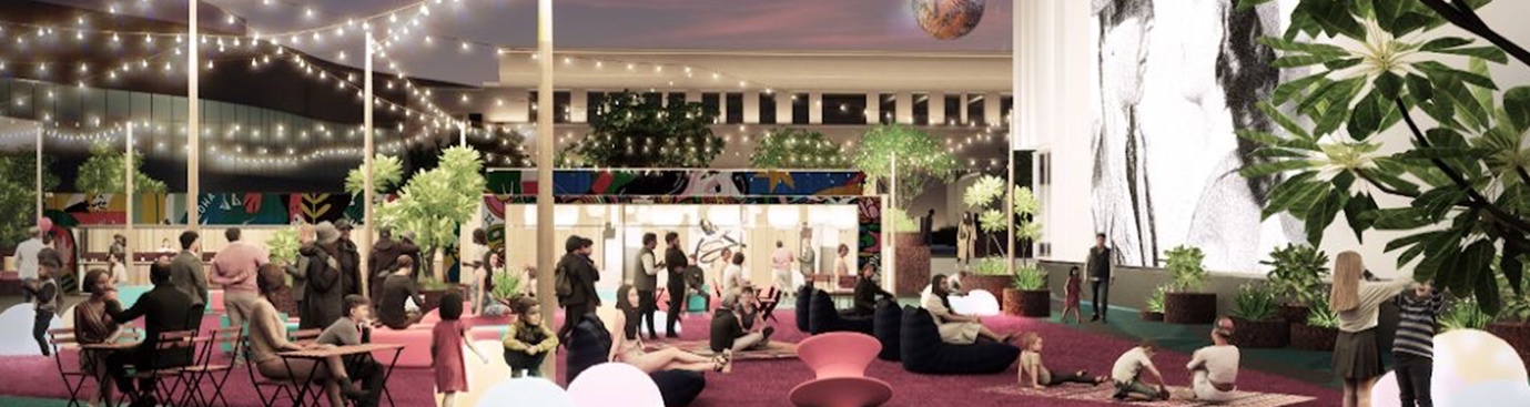 Evening concept rendering of the temporary food-court proposal in Civic Square