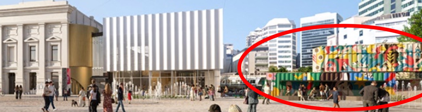 Annotated concept image of the temporary food-court proposal beside Civic Square